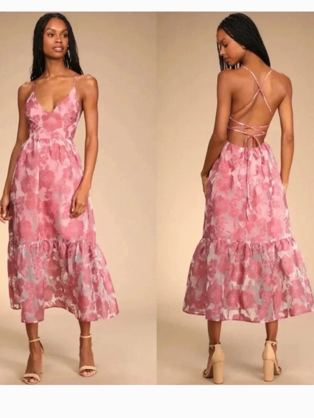 NWT Lulus Feeling Like Forever Rose Jacquard Organza Lace-Up Midi Dress M